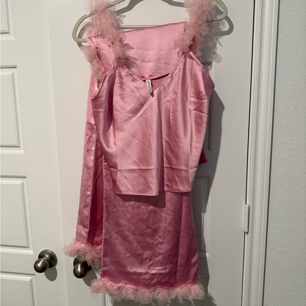 For Love And Lemons Pink Satin Pajama Set